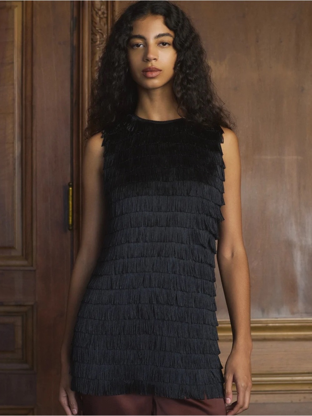 NWT Doen Soirée Fringe Tassel Sleeveless Shift Tunic Top Mini Dress Black